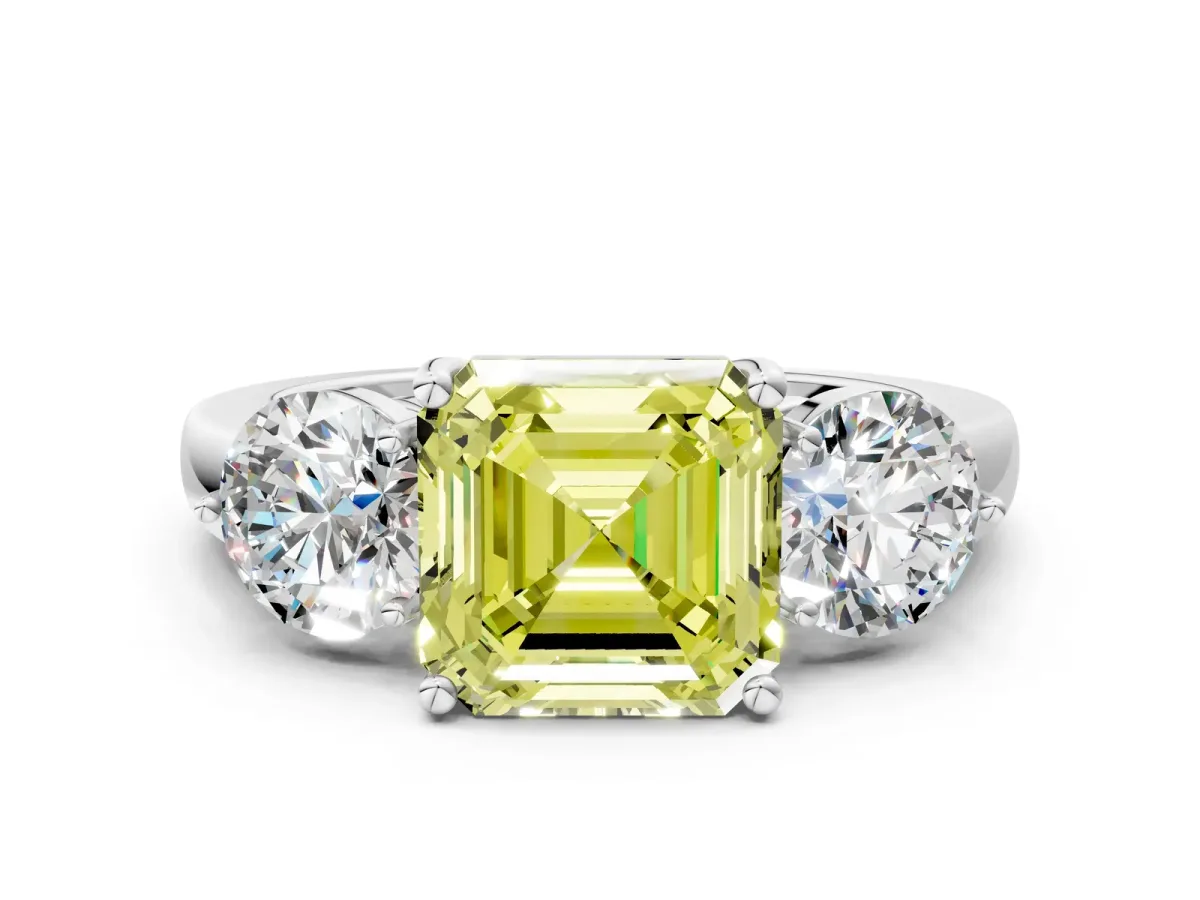 Fancy Yellow Asscher Cut Diamond Three-Stone Ring with Prong Setting and Classic Band Platinum