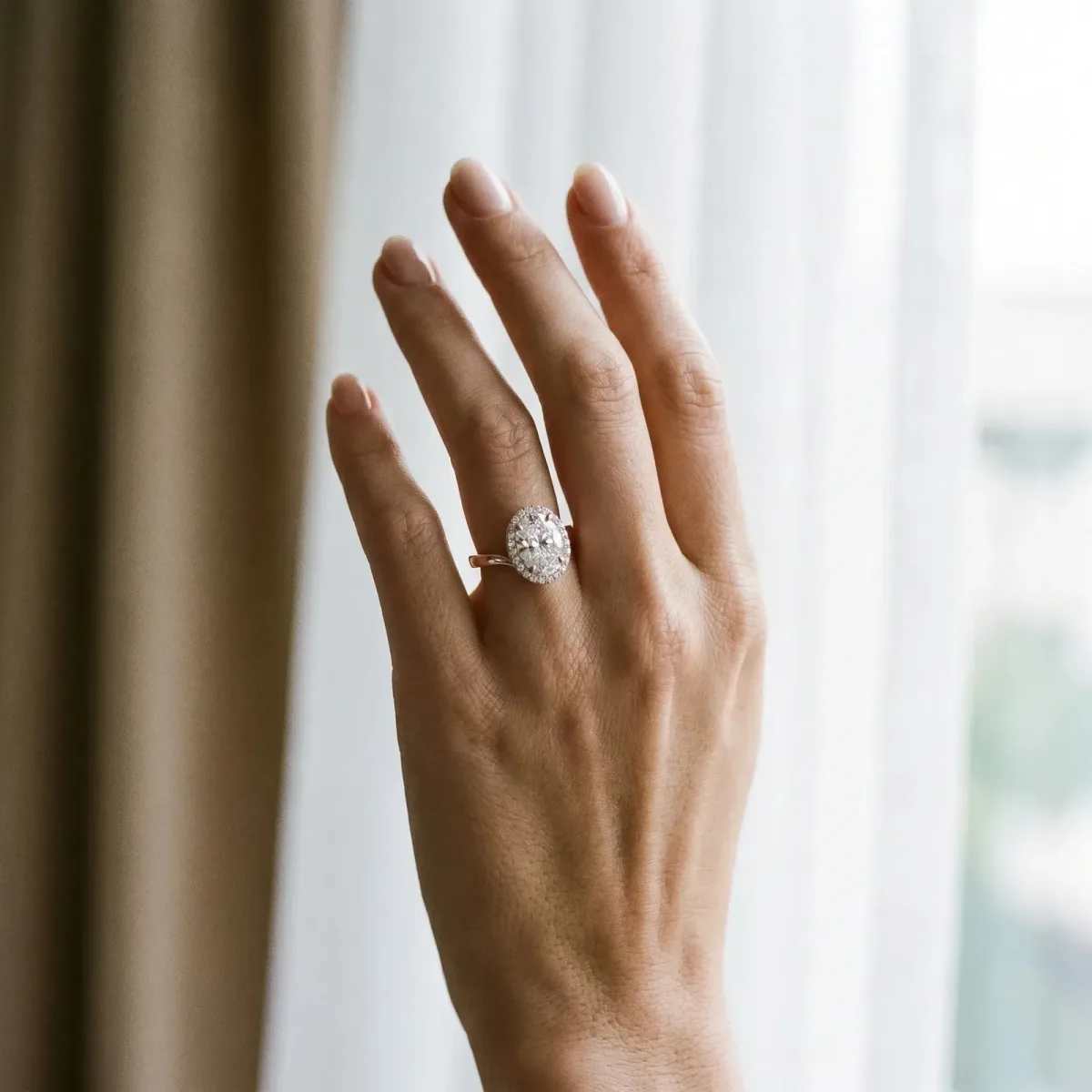 Oval Cut Diamond Bezel Halo Ring with Plain Band Rose gold