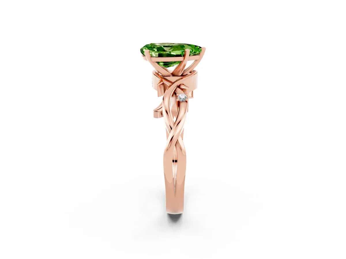 Pear Cut Peridot Solitaire Ring with Twisted Band and Prong Setting Rose gold