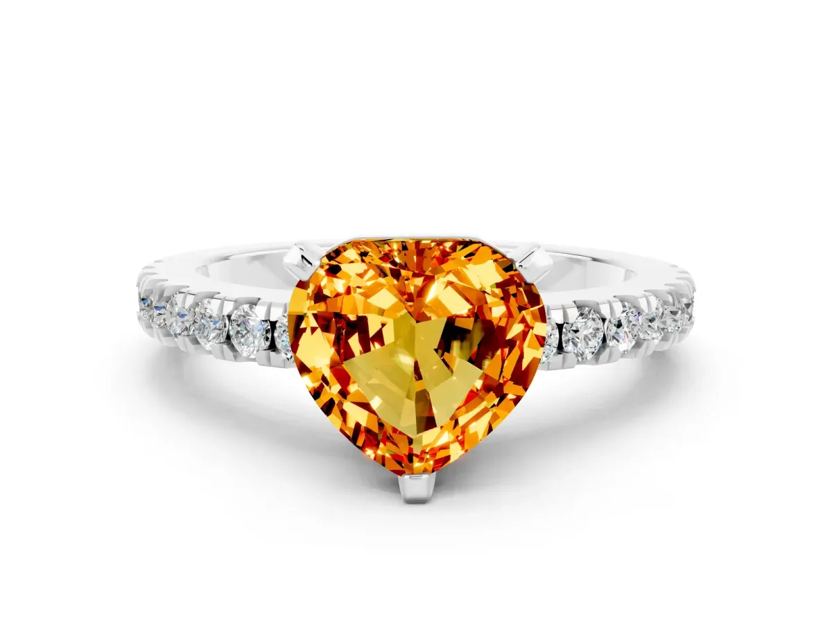 Heart Cut Solitaire Citrine with Pavé Band and Four-Prong Setting Silver