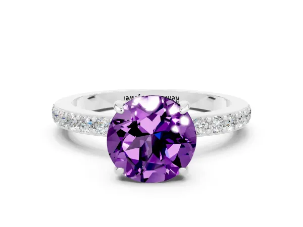 Round Cut Amethyst Solitaire Engagement Ring with Pavé Band and Four-Prong Setting Platinum