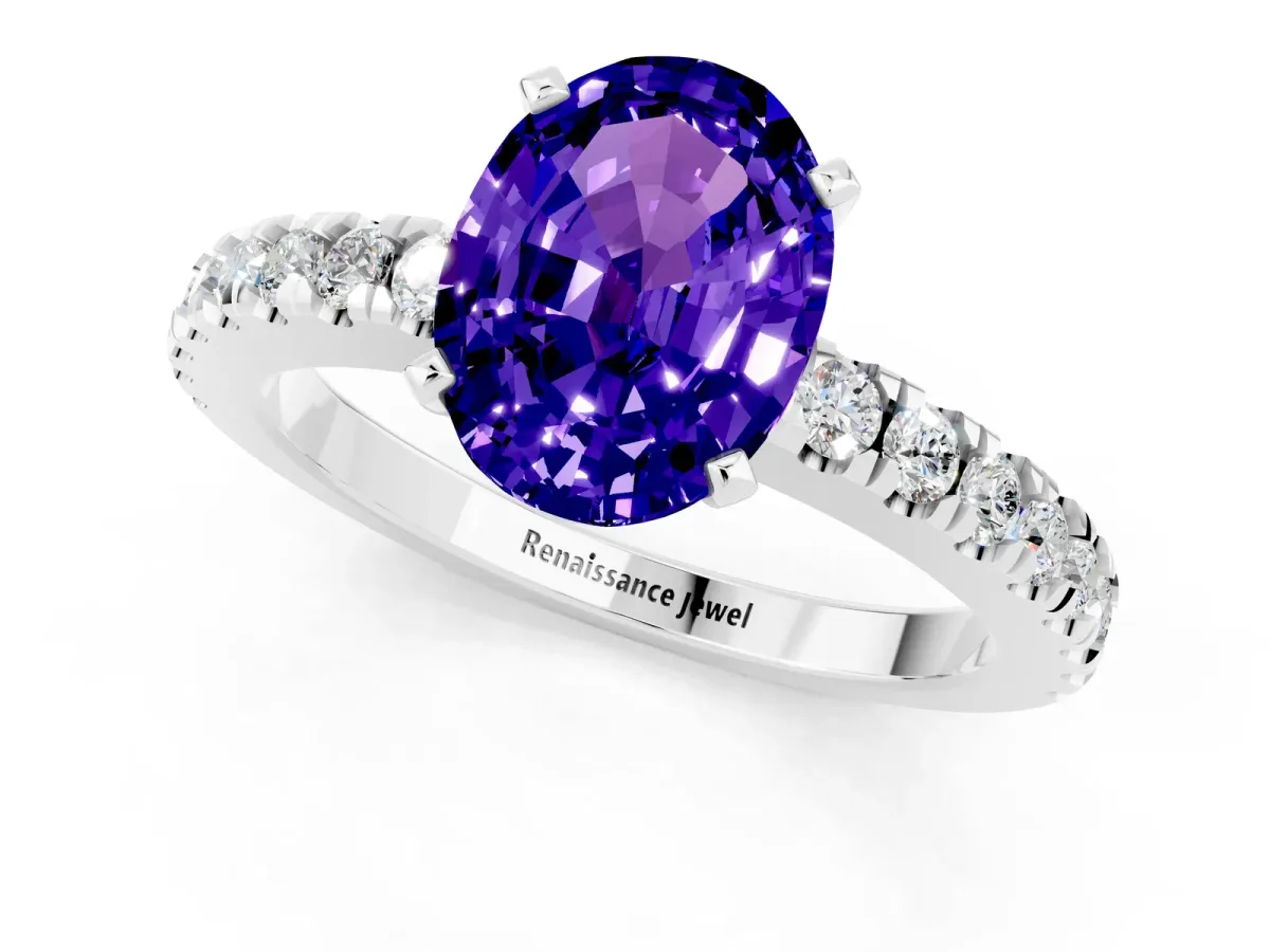 Oval Cut Solitaire Tanzanite with Pavé Band and Four-Prong Setting Silver