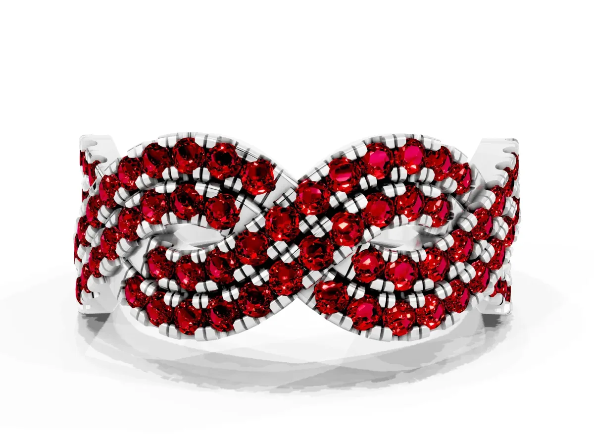 Pavé Round Ruby Infinity Twist Band with Shared Prong Setting Platinum