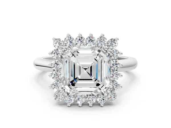 Asscher Cut Cut Diamond Halo Ring with Solitaire Band and Prong Setting Platinum