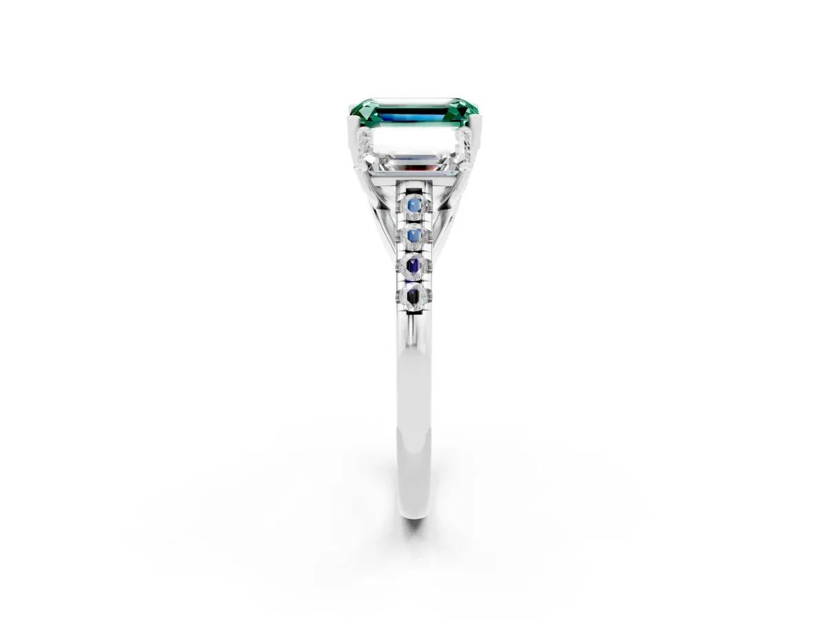 Three-Stone Emerald Cut Green Sapphire Ring with Round Pavé Band and Prong Setting Silver