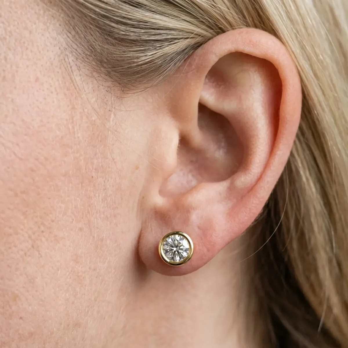 Bezel Set Round Diamond Stud Earrings Yellow gold