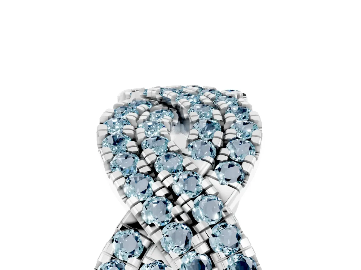Pavé Round Aquamarine Infinity Twist Band with Shared Prong Setting Platinum