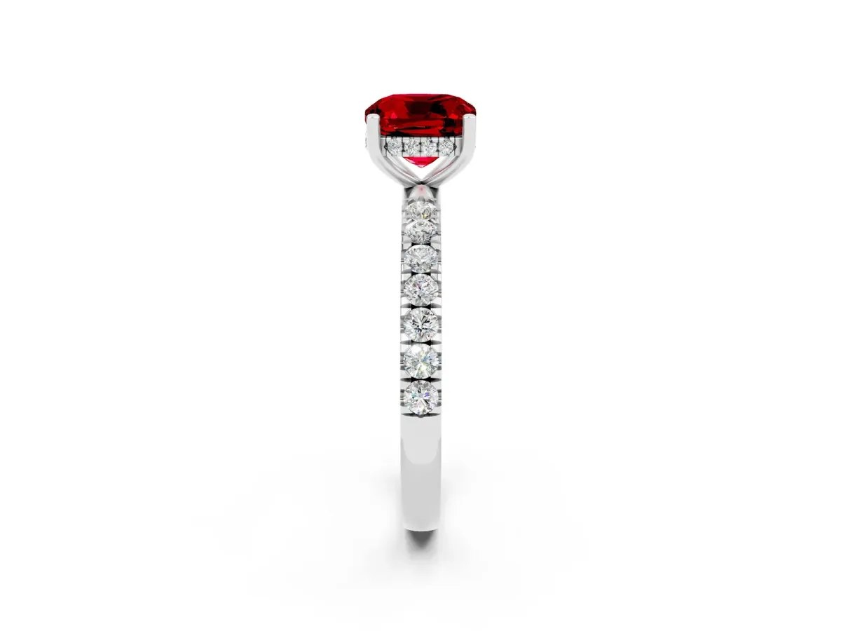 Cushion Cut Ruby Pave Band Solitaire Ring with Round and Prong Setting Platinum