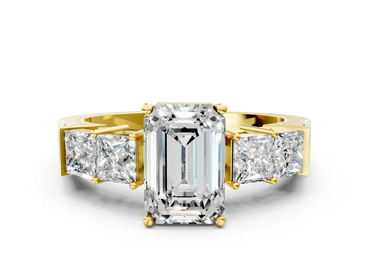 Emerald Cut Solitaire Princess Side Stone Engraved Band Prong Setting Ring Yellow gold