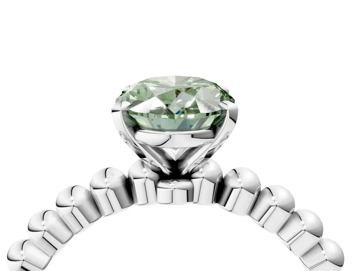 Fancy Green Oval Cut Diamond Solitaire Ring with Beaded Band and Prong Setting Silver