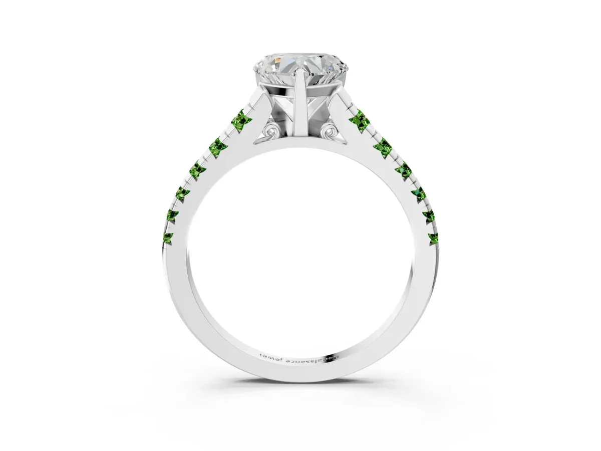 Heart Cut Diamond Cathedral Solitaire Ring with Round Peridot Pavé Band Silver