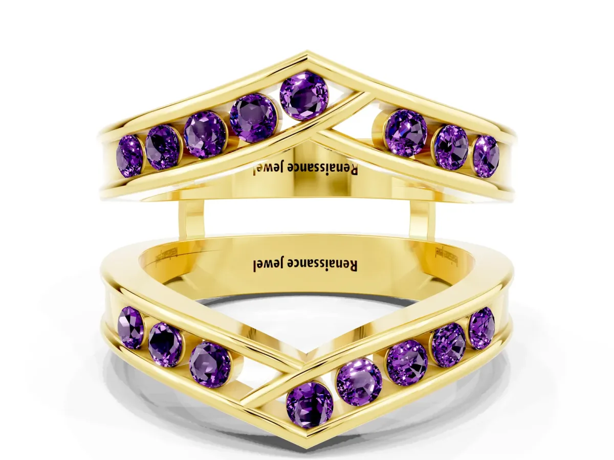 Round Amethyst Channel-Set Chevron Band Yellow gold