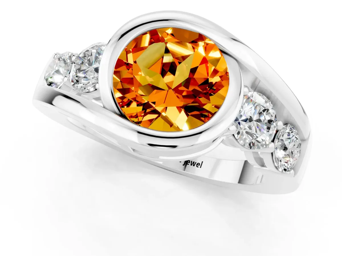 Bezel Set Round Cut Citrine Bypass Ring with Round Accents Silver