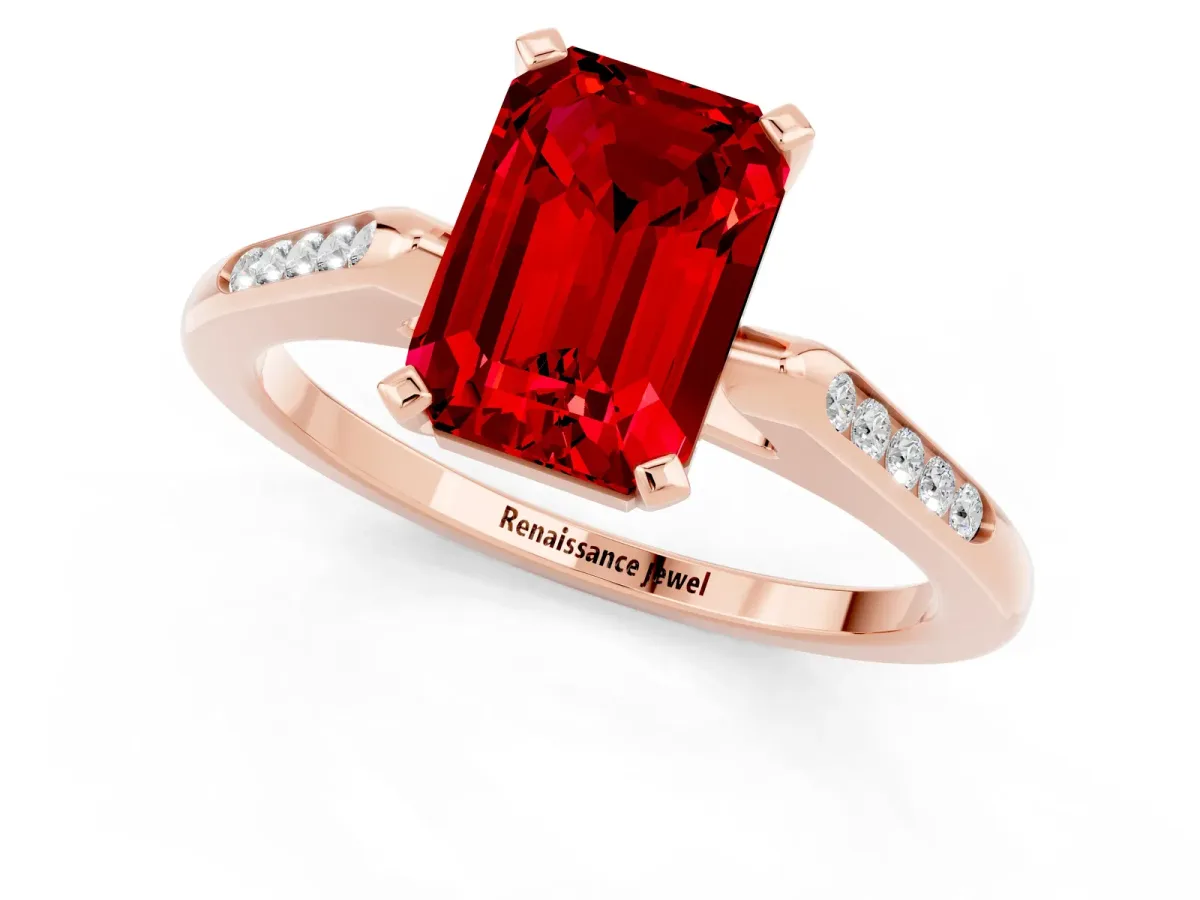 Emerald Cut Ruby Solitaire Ring with Channel Set Round Band and Prong Setting Rose gold