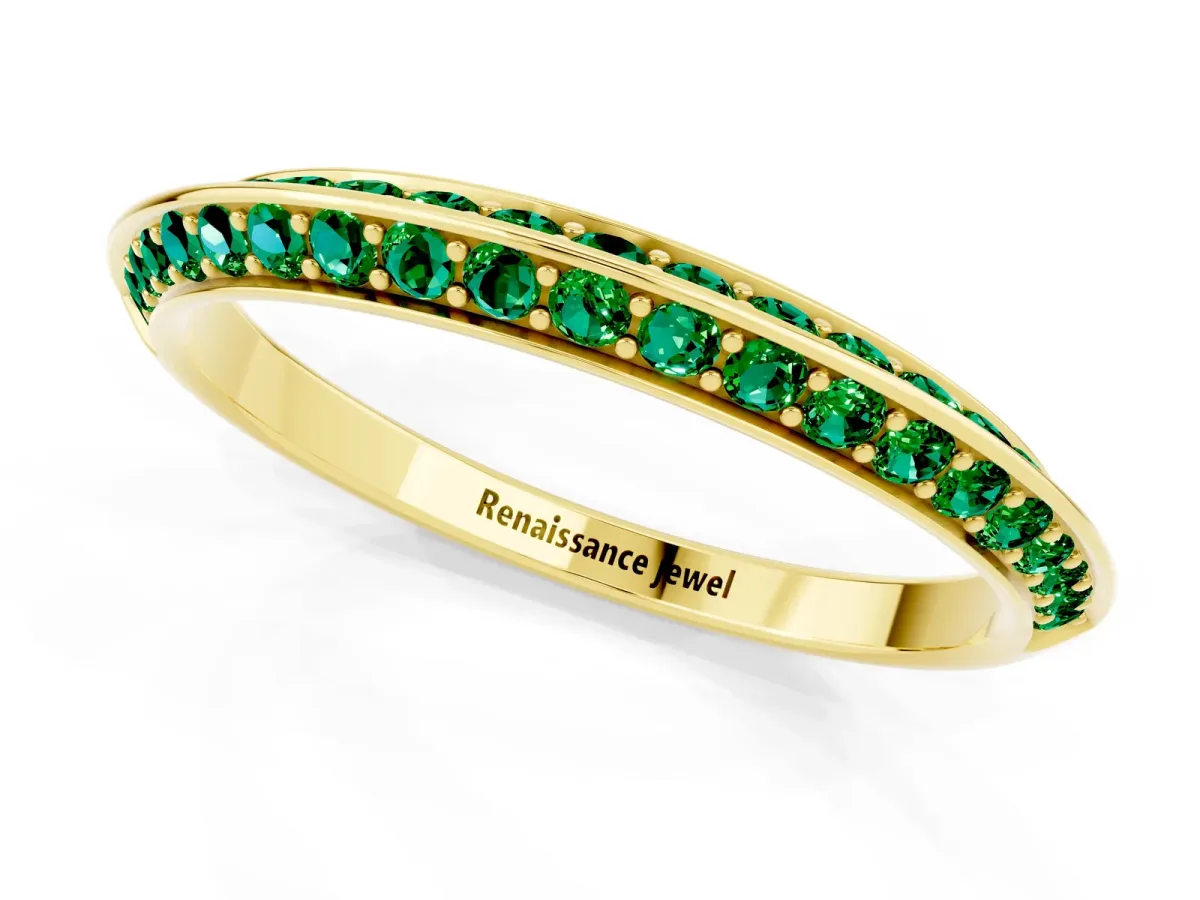 Double Row Pavé Round Emerald Eternity Band with Channel Setting Yellow gold