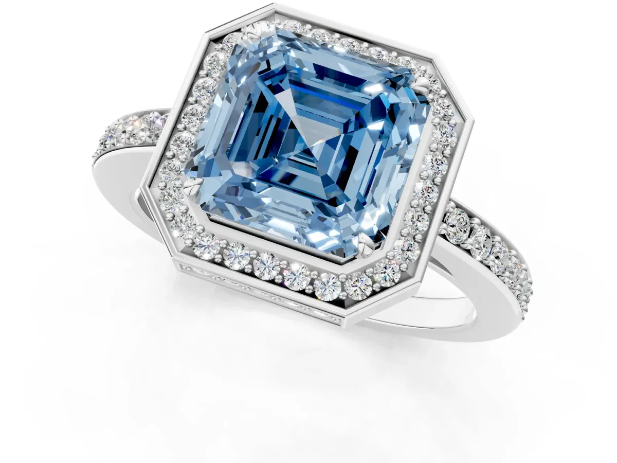 Fancy Blue Asscher Cut Halo Pave Band Solitaire Ring with Prong Setting Platinum