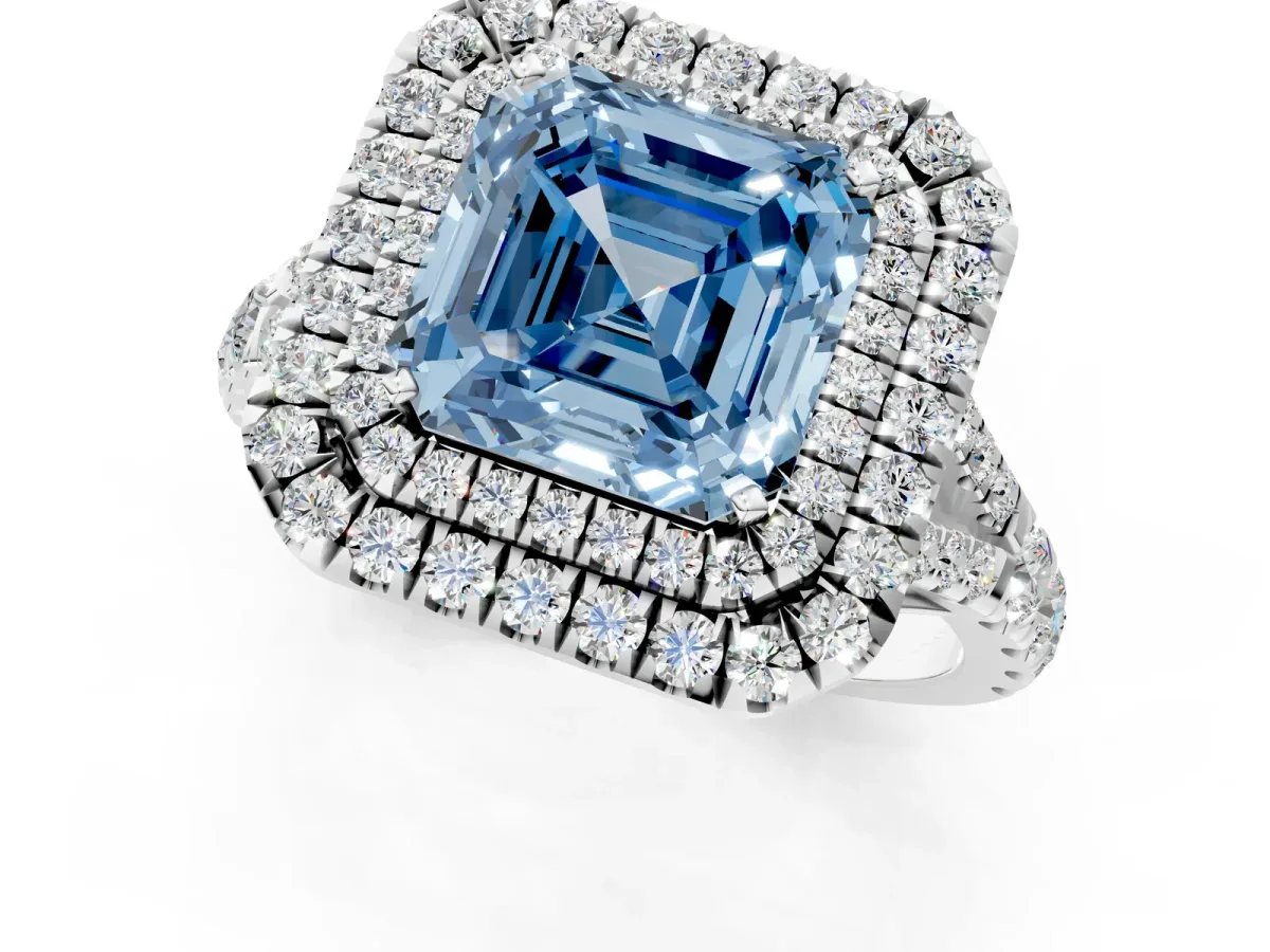 Fancy Blue Asscher Cut Cut Double Halo Split Shank Diamond Ring with Prong Setting Platinum