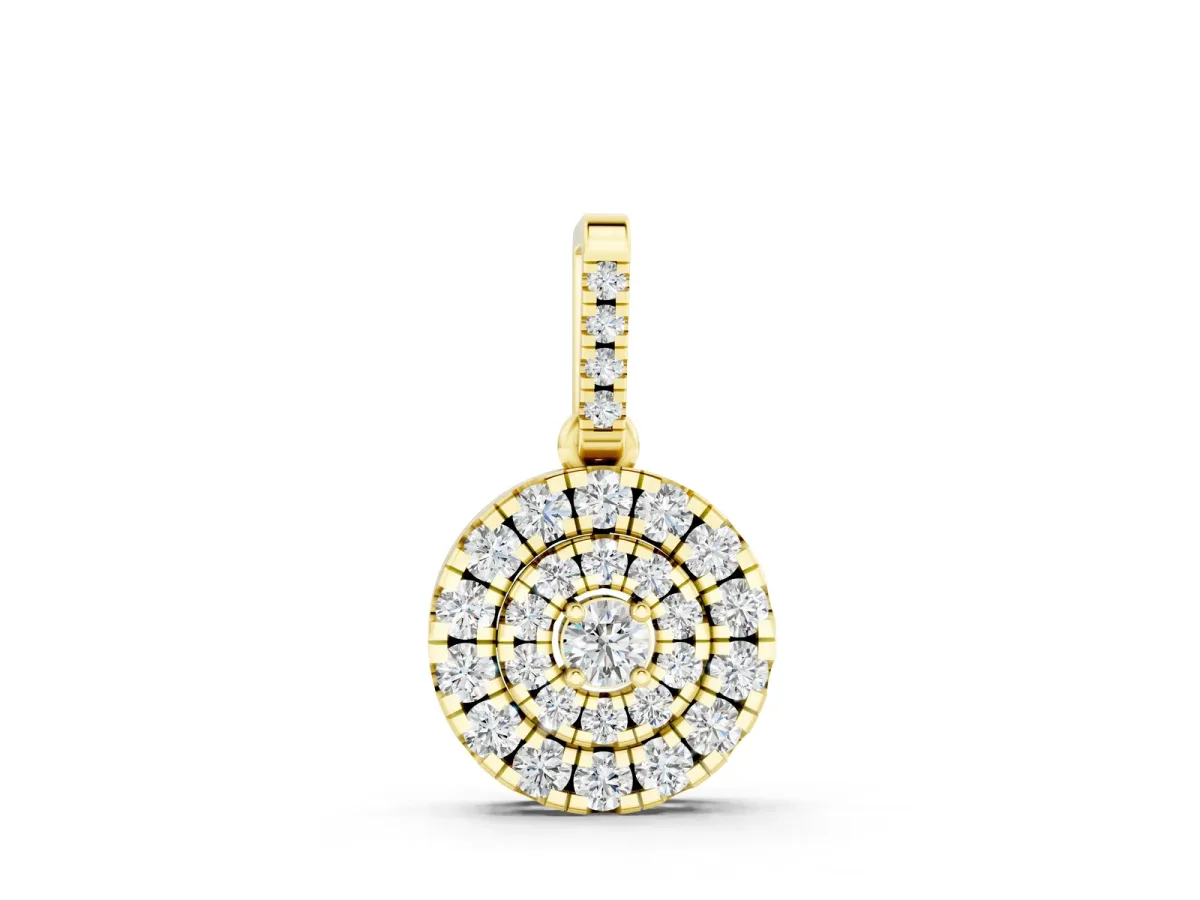 Round Double Halo Diamond Pendant with Pavé Setting Yellow gold