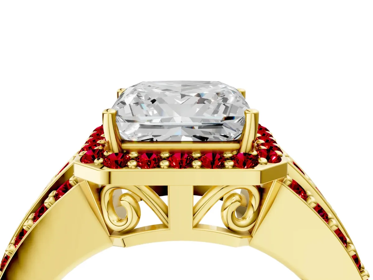 Princess Cut Halo Diamond Ring with Round Ruby Split Shank and Prong Setting Yellow gold