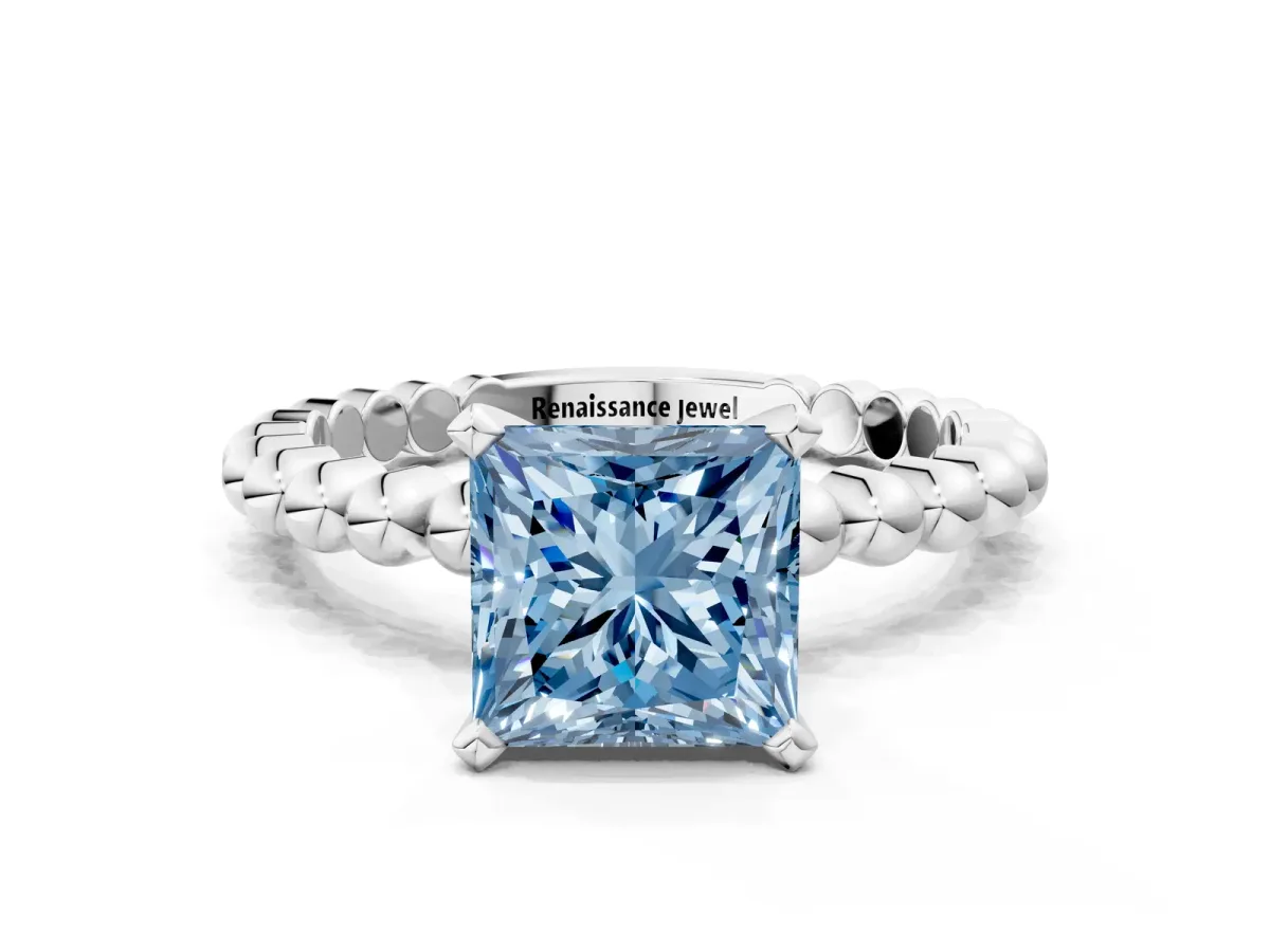 Fancy Blue Princess Cut Diamond Solitaire Ring with Beaded Band and Prong Setting Silver
