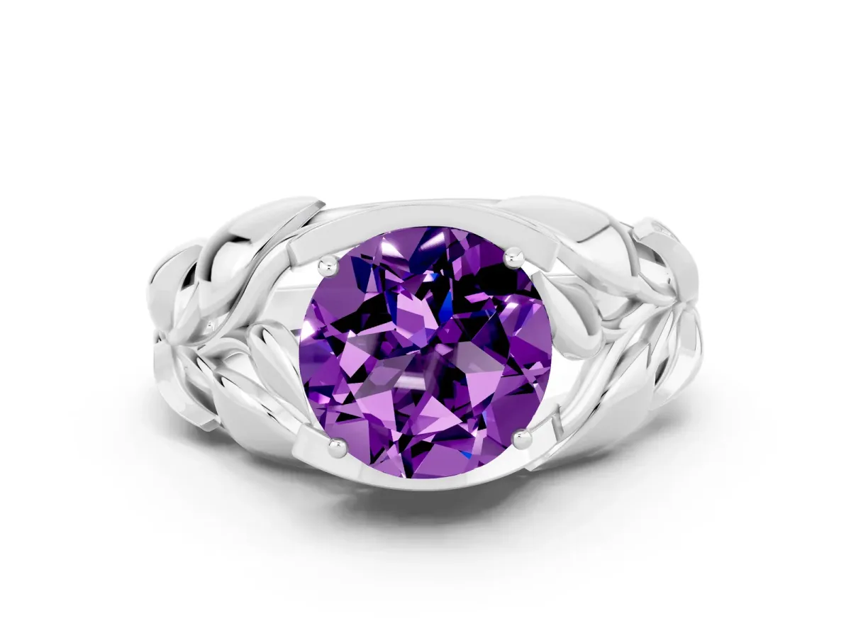 Round Cut Amethyst Leaf-Inspired Engagement Ring with Round Accents and Prong Setting Silver
