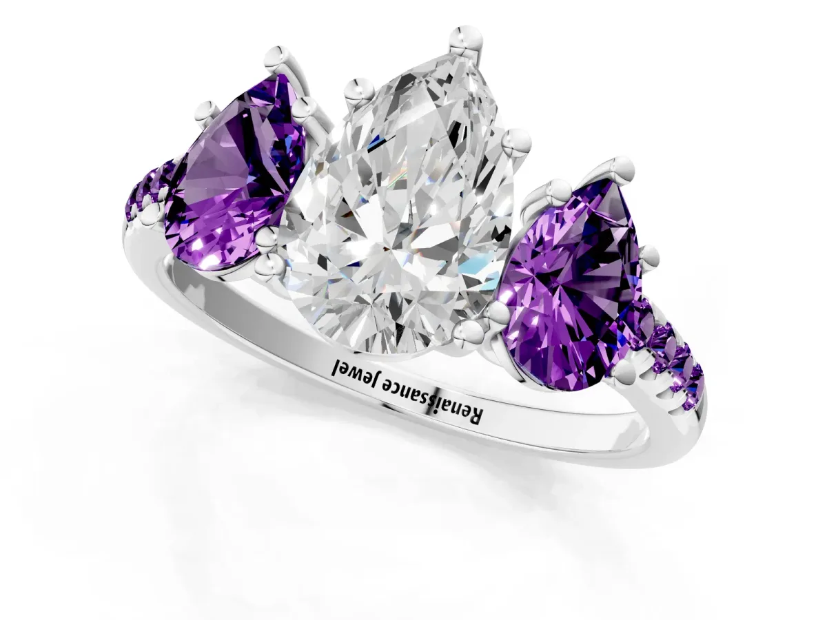 Three-Stone Pear Cut Diamond Ring with Round Amethyst Pavé Band and Prong Setting Silver