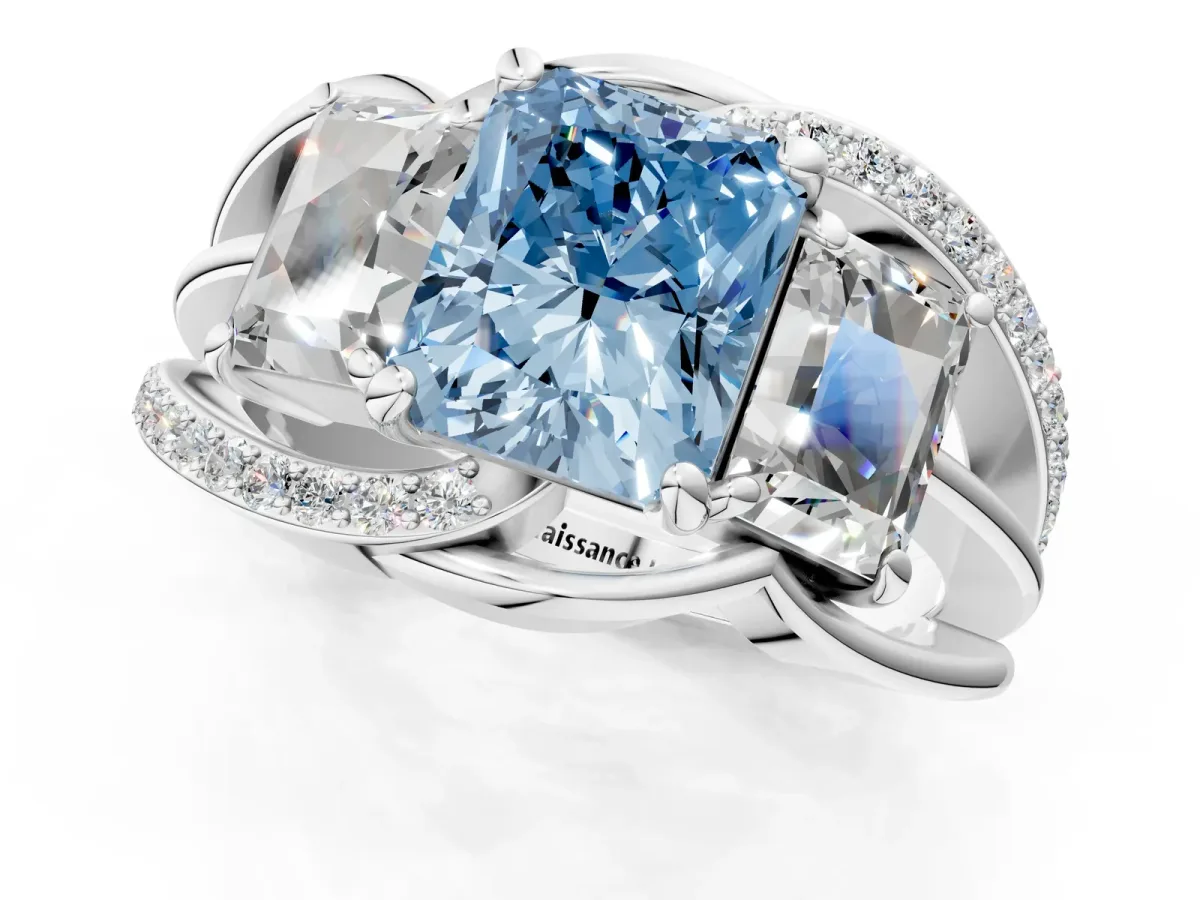 Fancy Blue Three-Stone Radiant Cut Cut Diamond Split Shank Prong Set Ring Platinum
