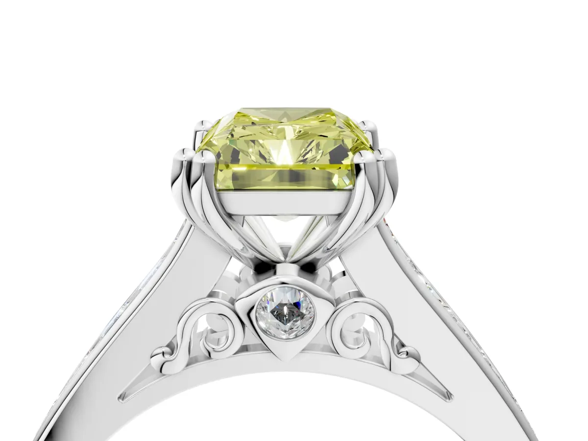Fancy Yellow Radiant Cut Cut Channel Set Solitaire Engagement Ring with Prong Setting Platinum