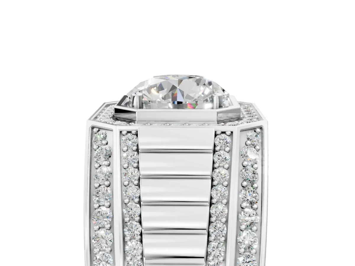 Round Diamond Octagonal Halo Mens Ring with Pavé Accents Silver