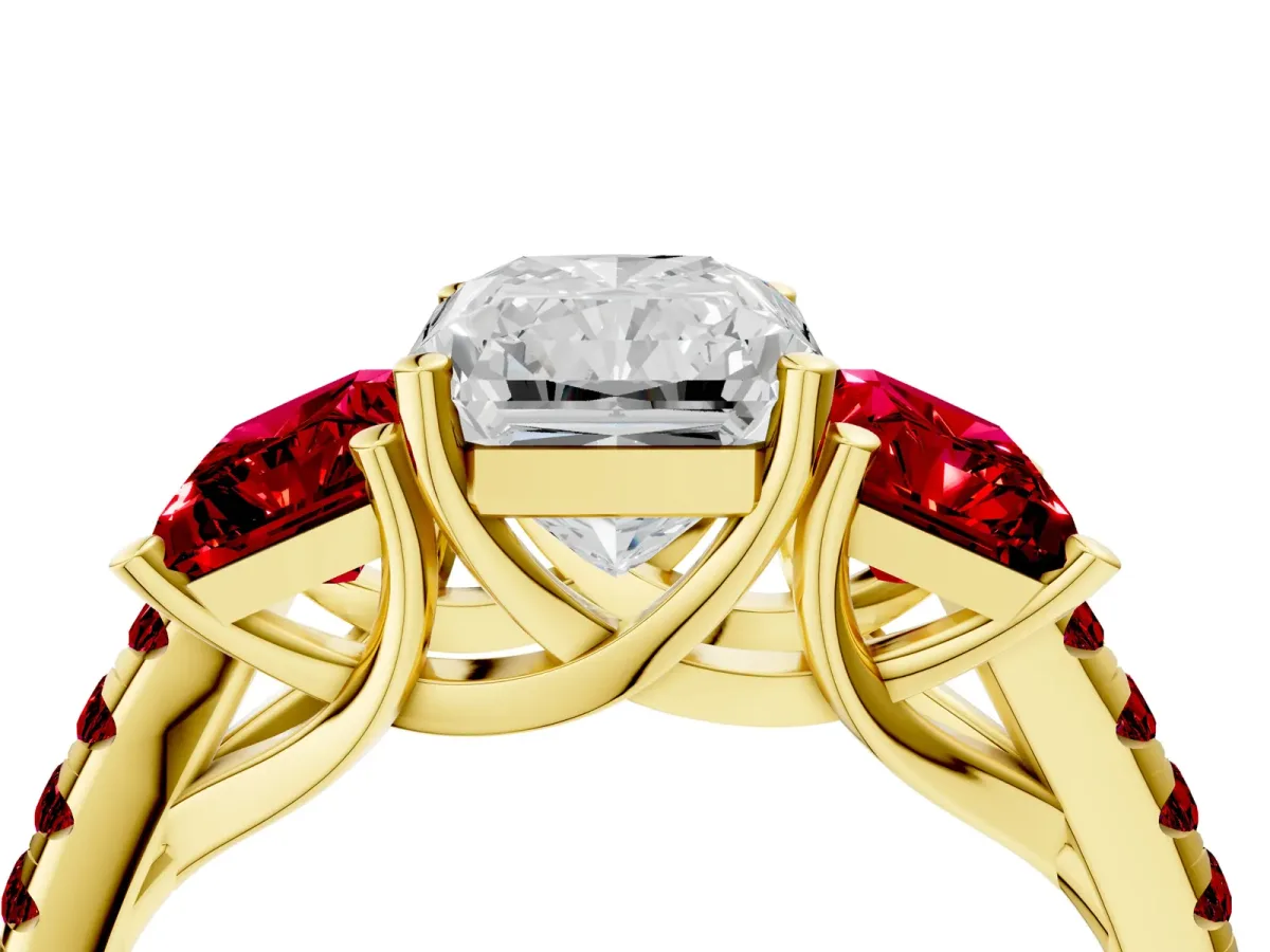 Three-Stone Radiant Cut Diamond Ring with Round Ruby Pavé Band and Prong Setting Yellow gold