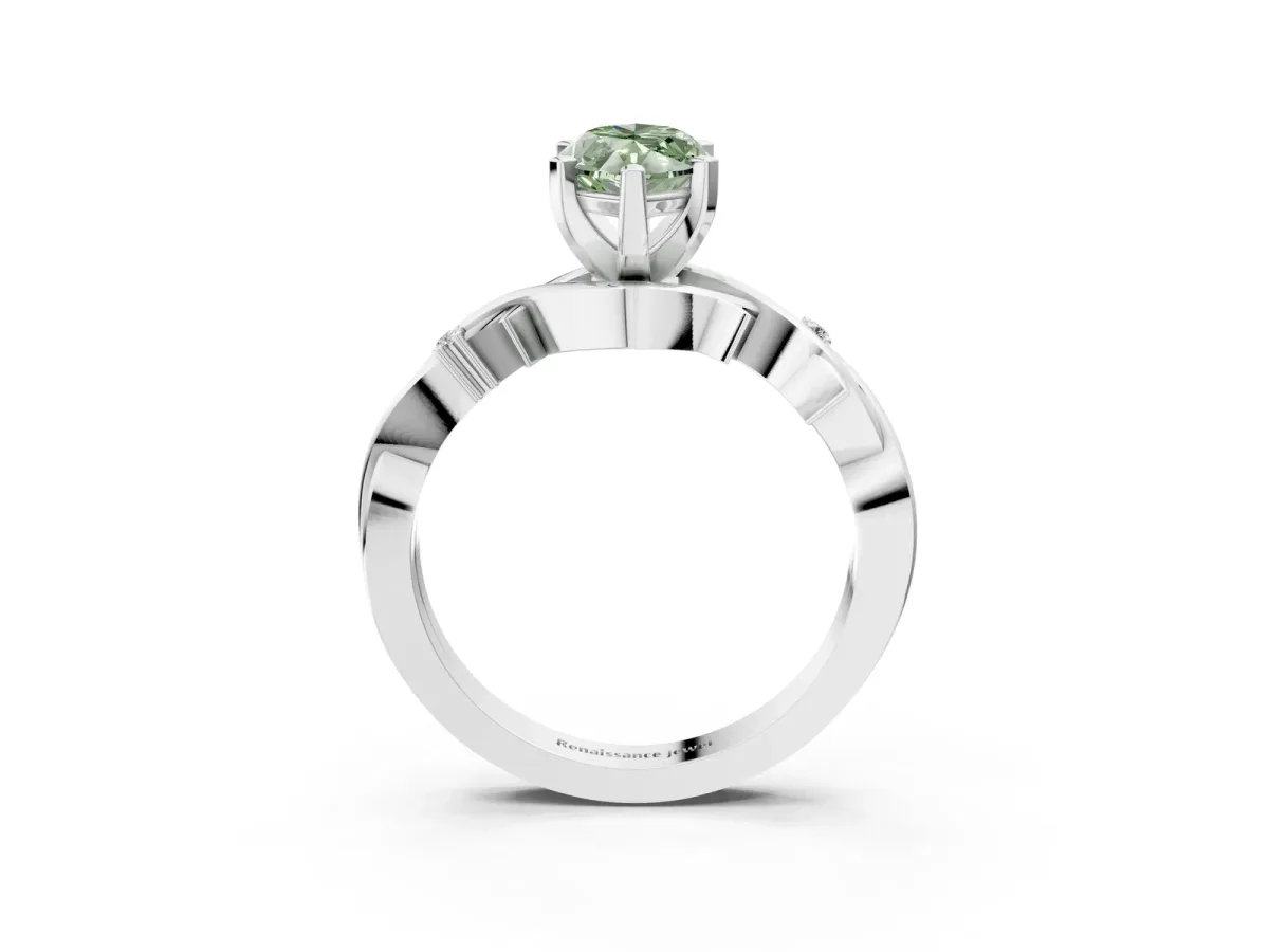Fancy Green Marquise Cut Diamond Solitaire Ring with Twisted Band and Prong Setting Silver