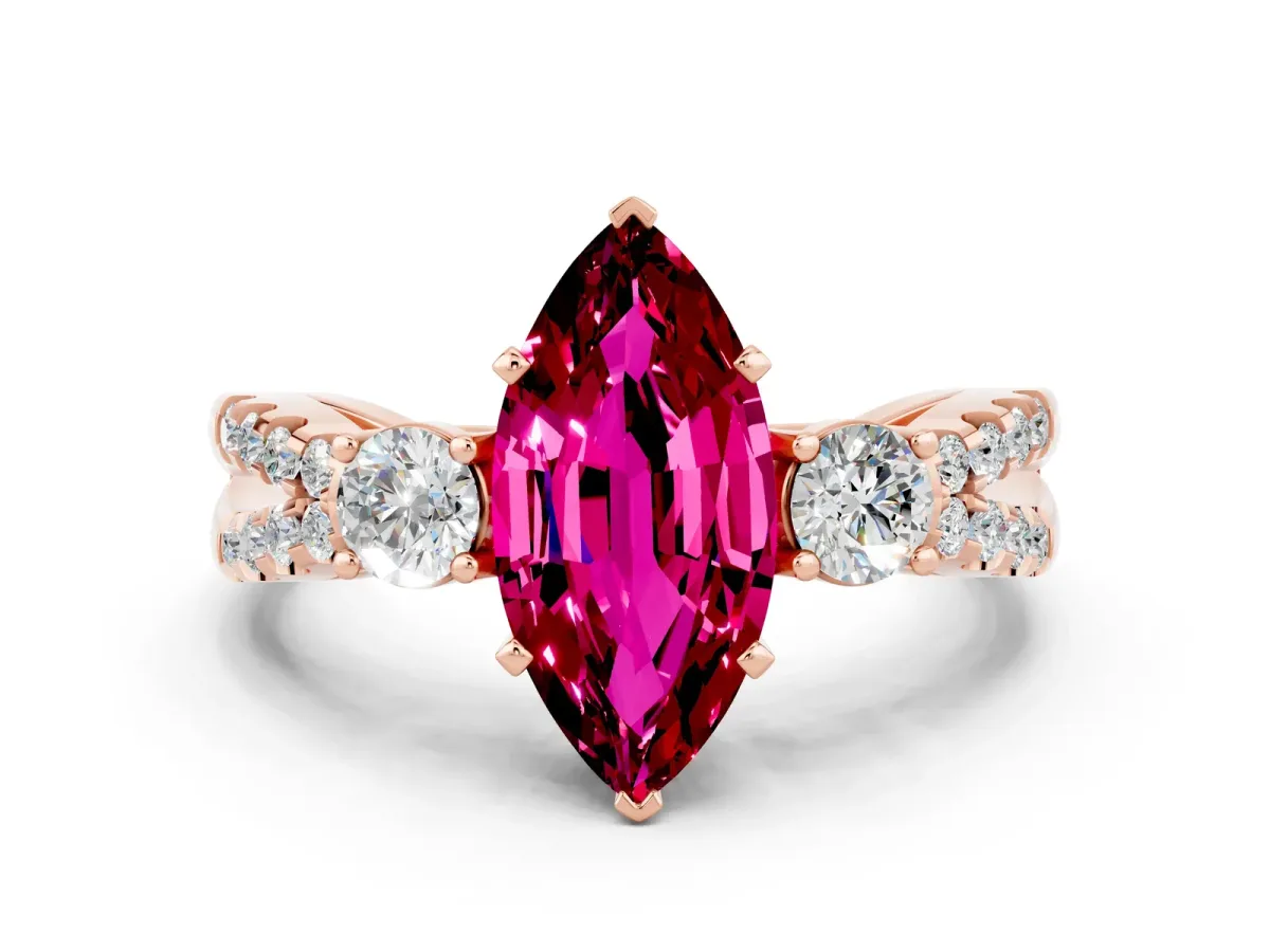 Marquise Cut Garnet Three-Stone Ring with Pavé Split Shank and Four-Prong Setting Rose gold