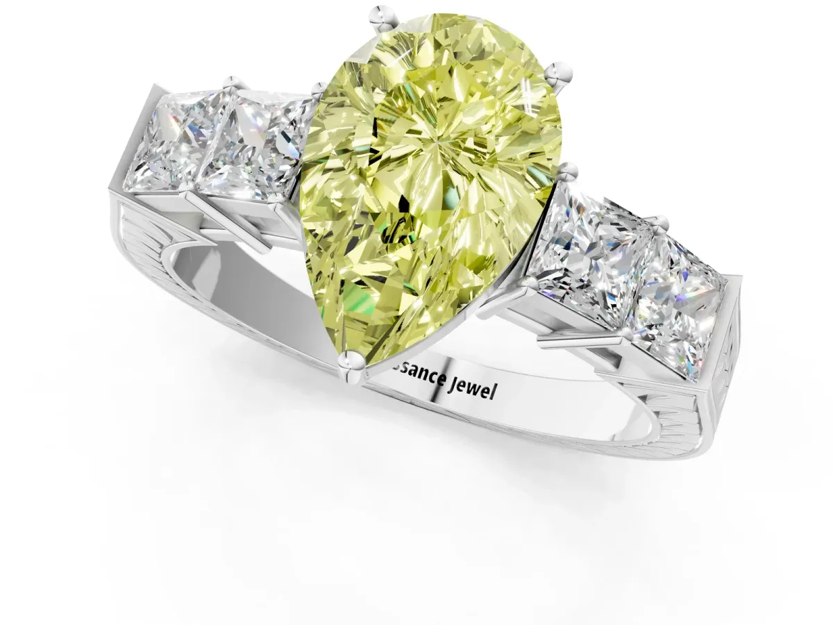 Fancy Yellow Pear Cut Solitaire Princess Side Stone Engraved Band Prong Setting Ring Silver