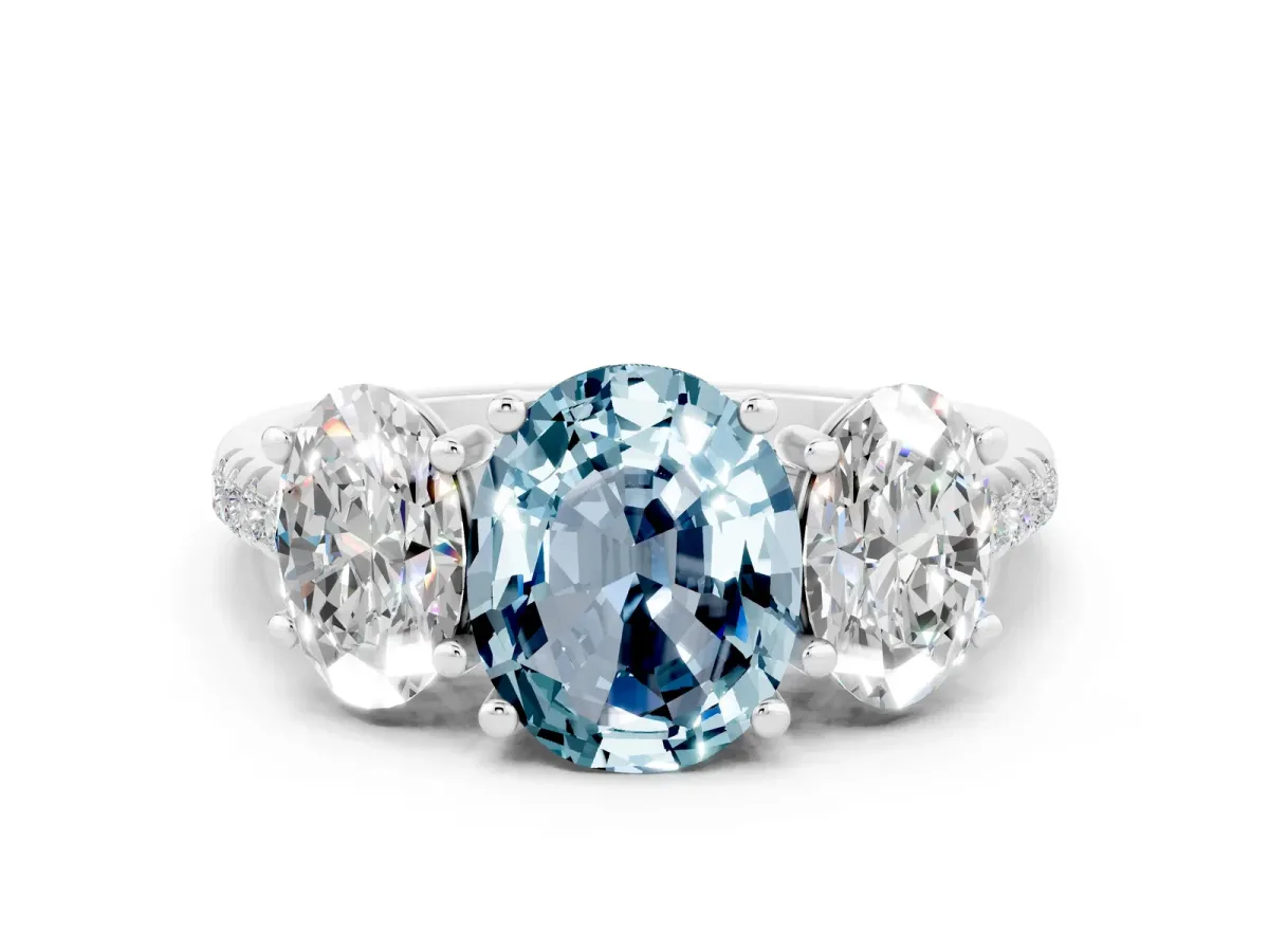 Three-Stone Oval Cut Aquamarine Ring with Round Pavé Band and Prong Setting Silver