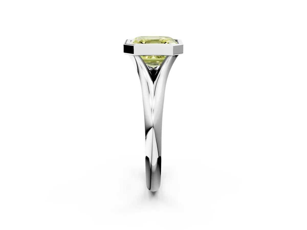 Fancy Yellow Bezel Set Asscher Cut Solitaire Diamond Ring with Smooth Band Platinum