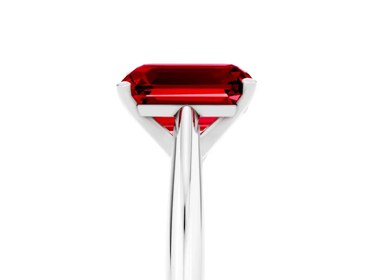 Emerald Cut Ruby Solitaire Engagement Ring with Cathedral Setting and Four-Prong Mount White gold