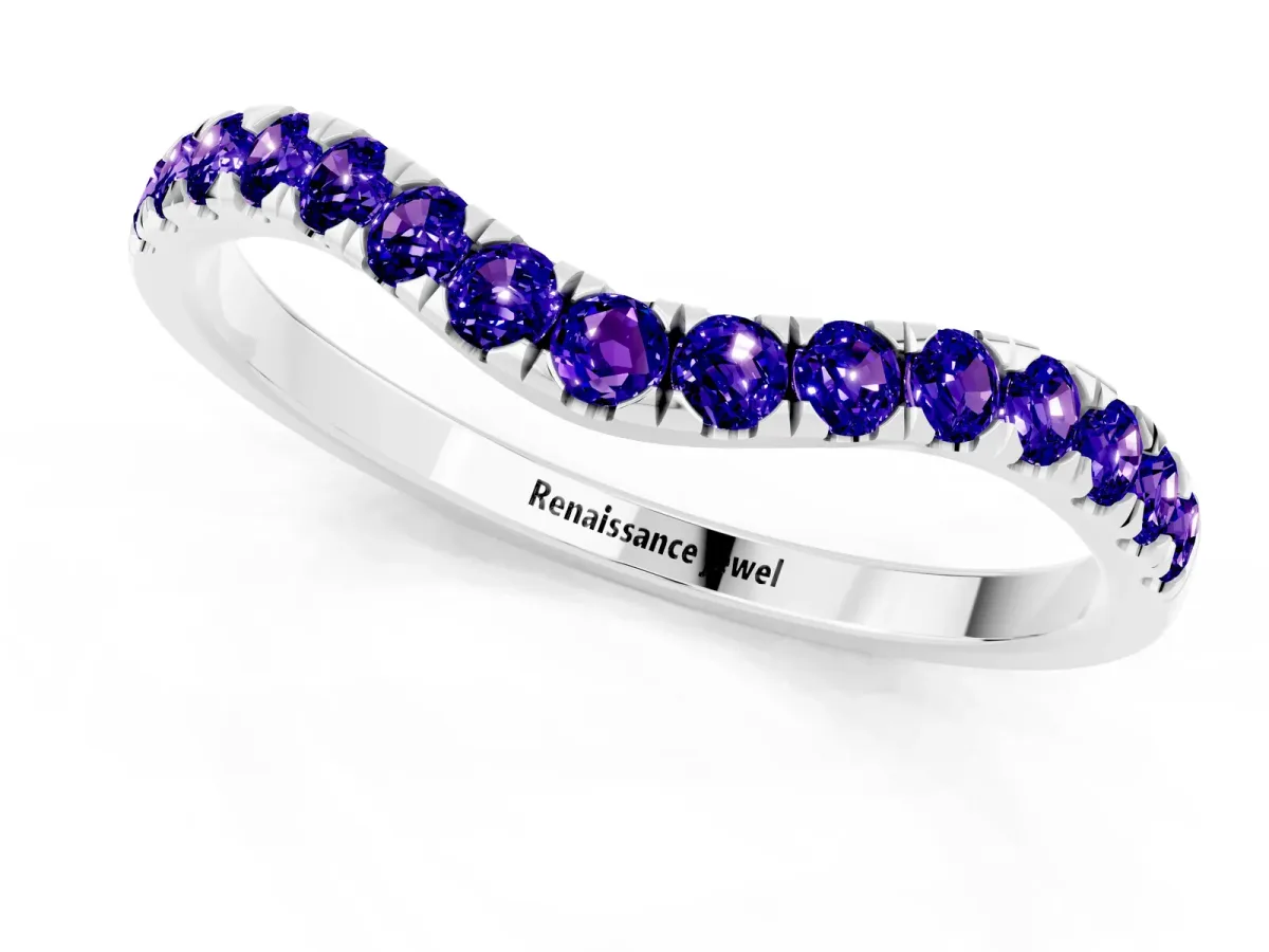 Curved Pavé Round Tanzanite Wedding Band with Shared Prong Setting White gold