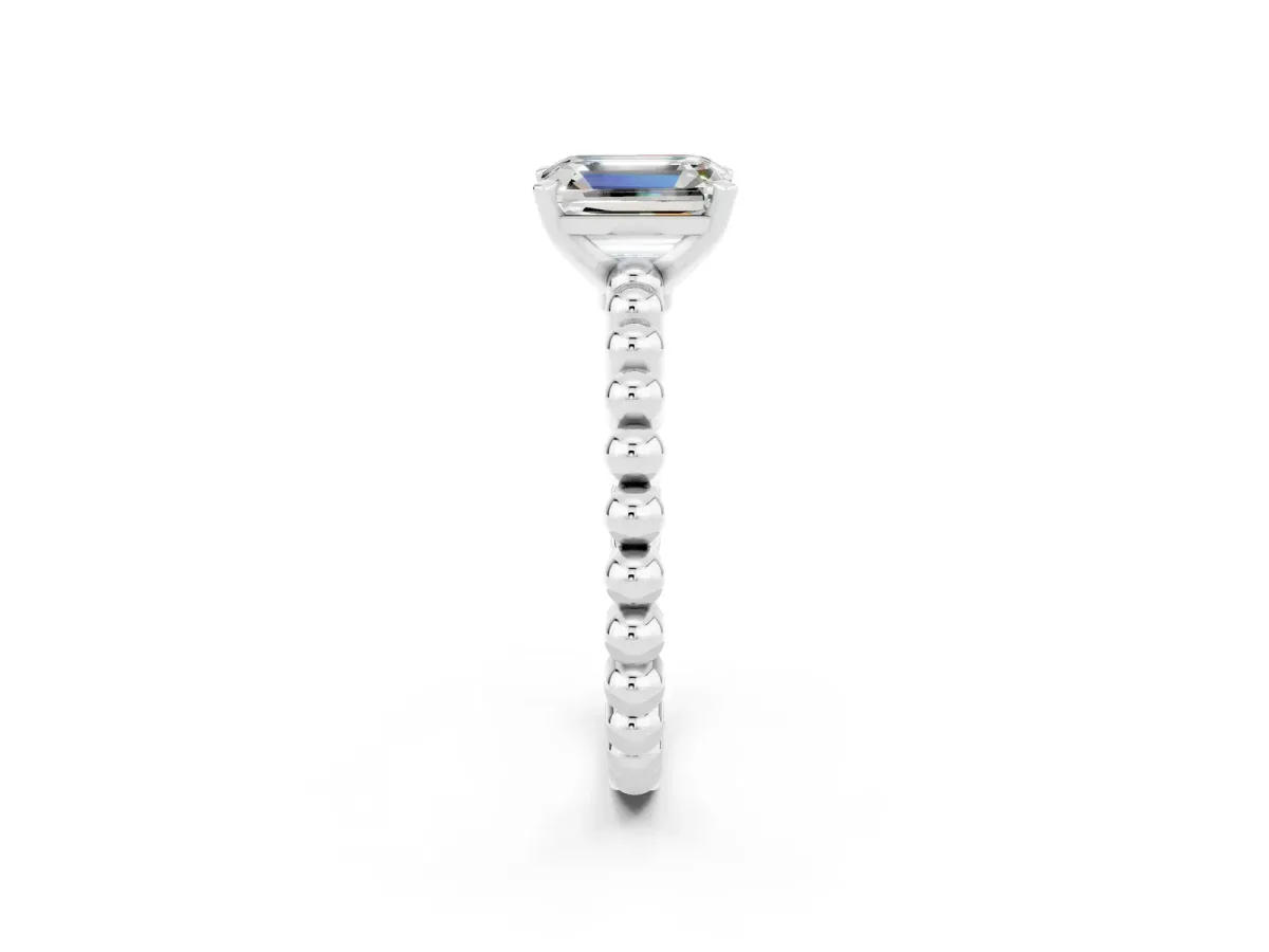 Emerald Cut Moissanite Solitaire Ring with Beaded Band and Prong Setting Platinum