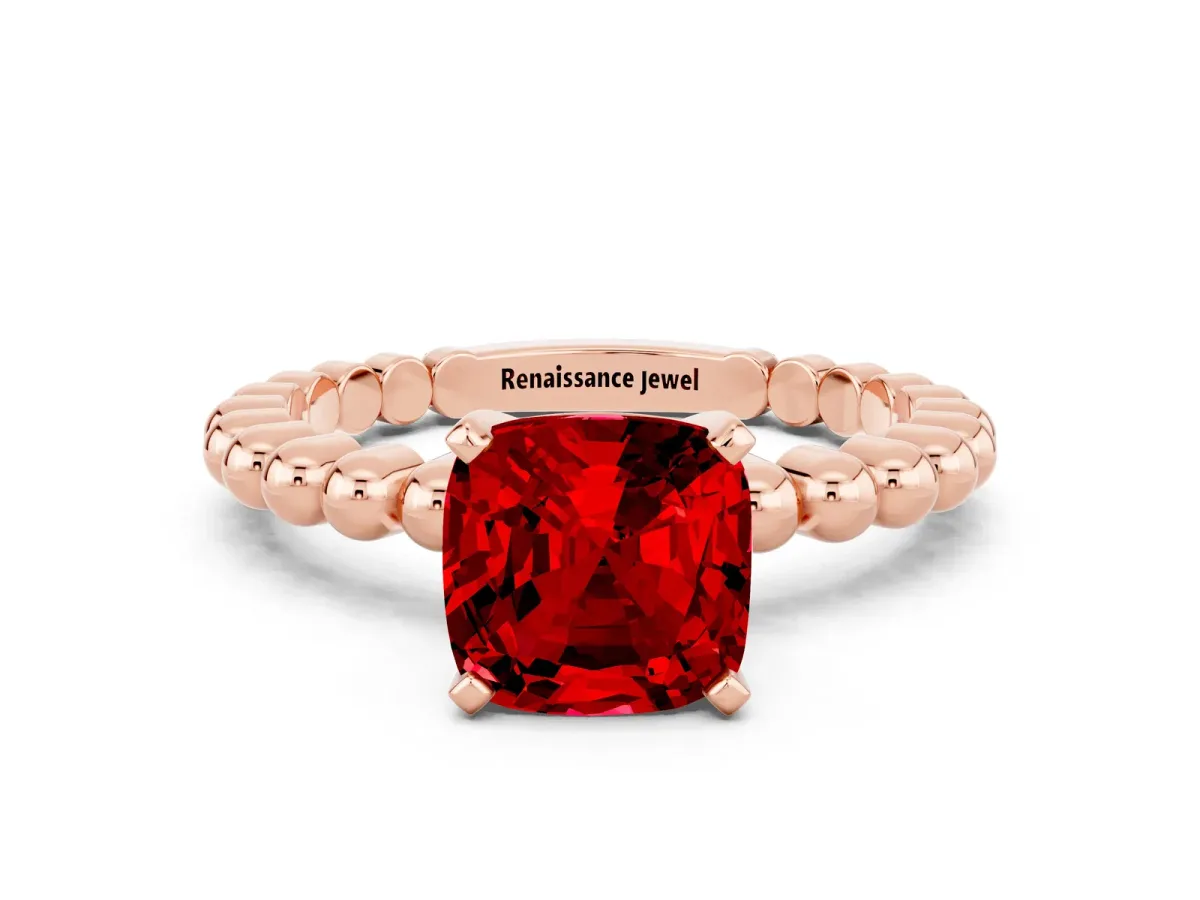 Cushion Cut Ruby Solitaire Ring with Beaded Band and Prong Setting Rose gold