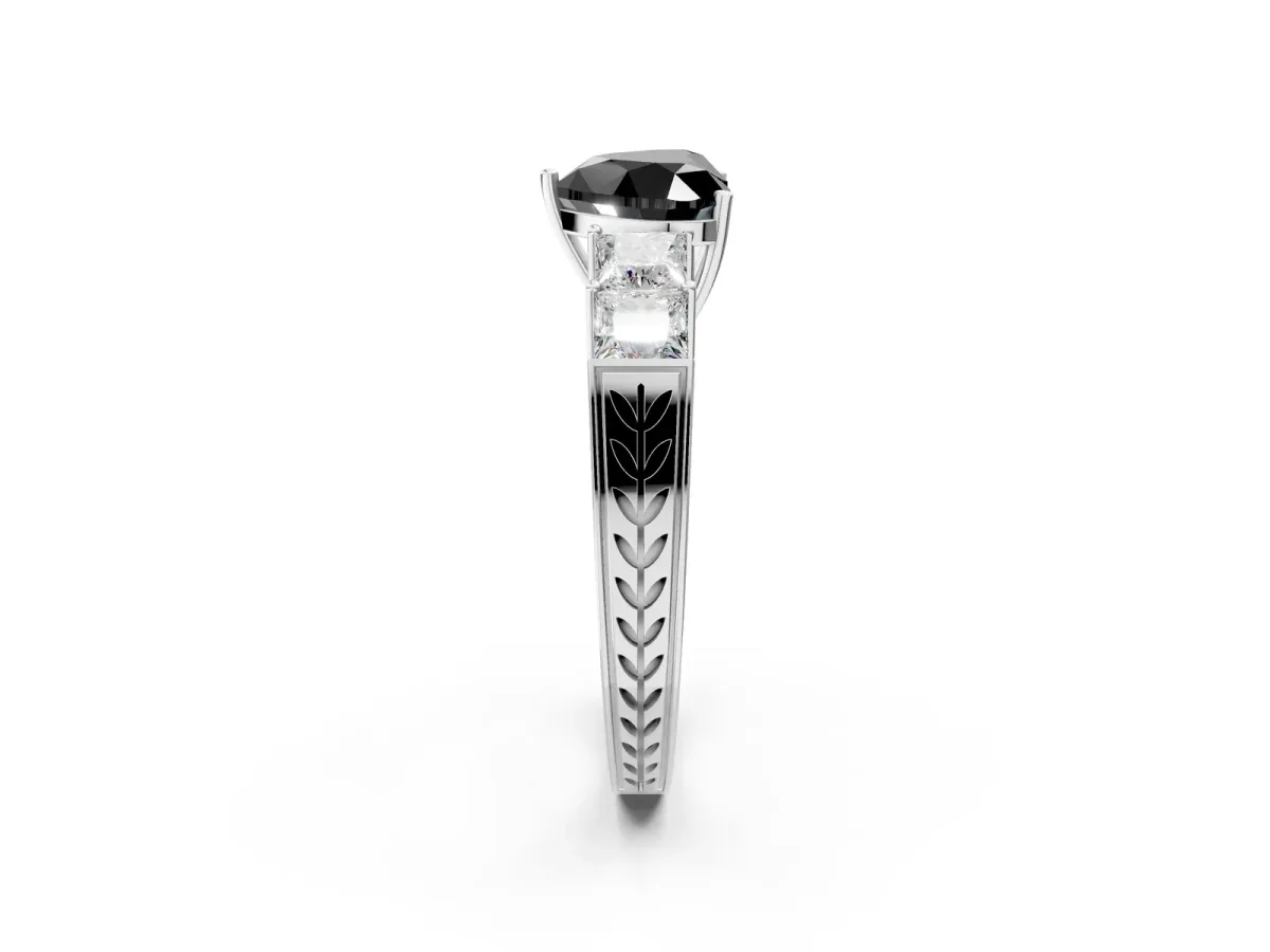 Fancy Black Heart Cut Solitaire Princess Side Stone Engraved Band Prong Setting Ring Platinum