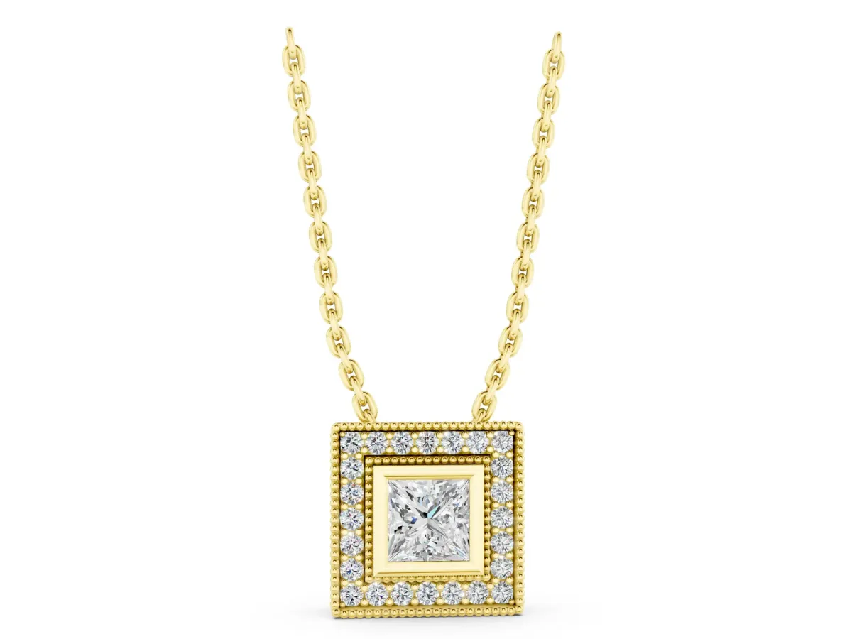 Square Halo Princess Cut Pendant with Bezel Setting Yellow gold