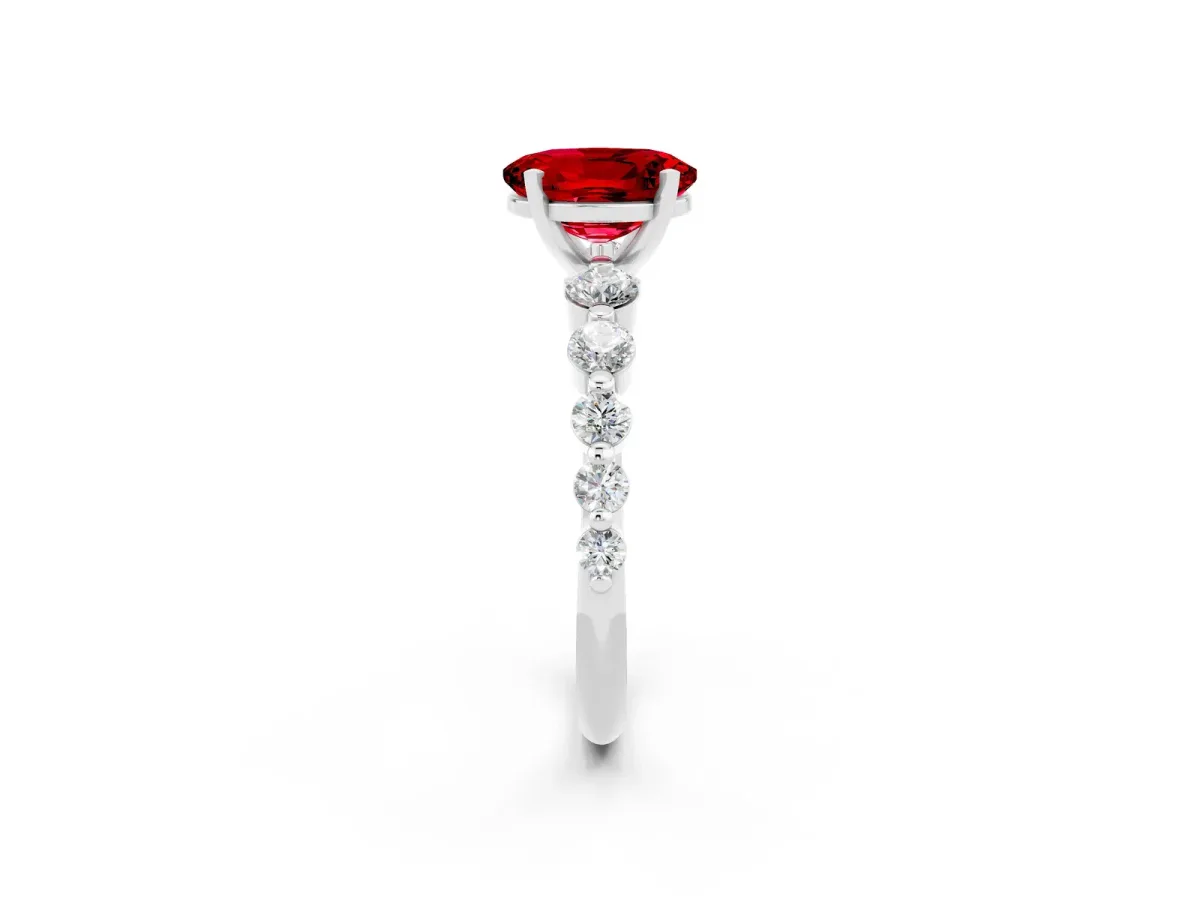 Oval Cut Solitaire Ruby Ring with Pave Band and Four-Prong Setting Silver