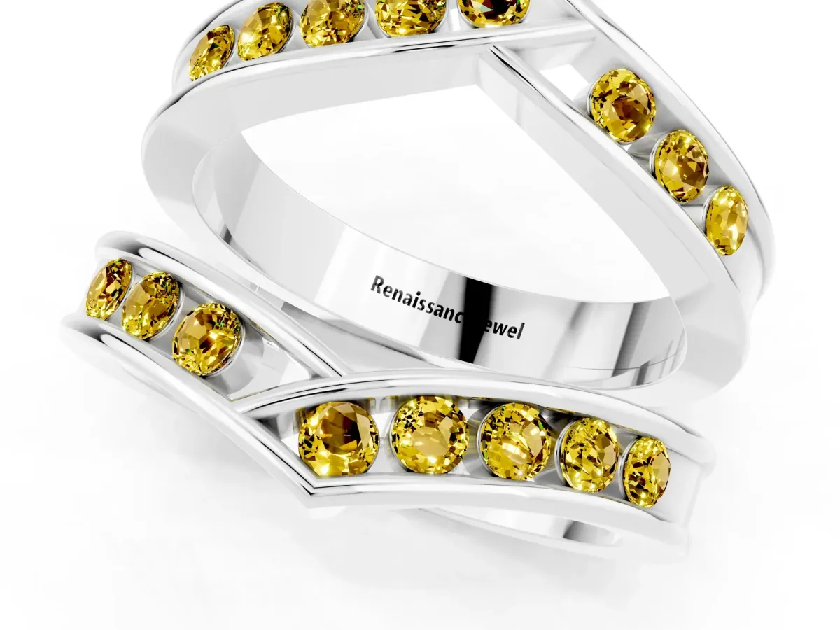 Round Yellow Sapphire Channel-Set Chevron Band White gold