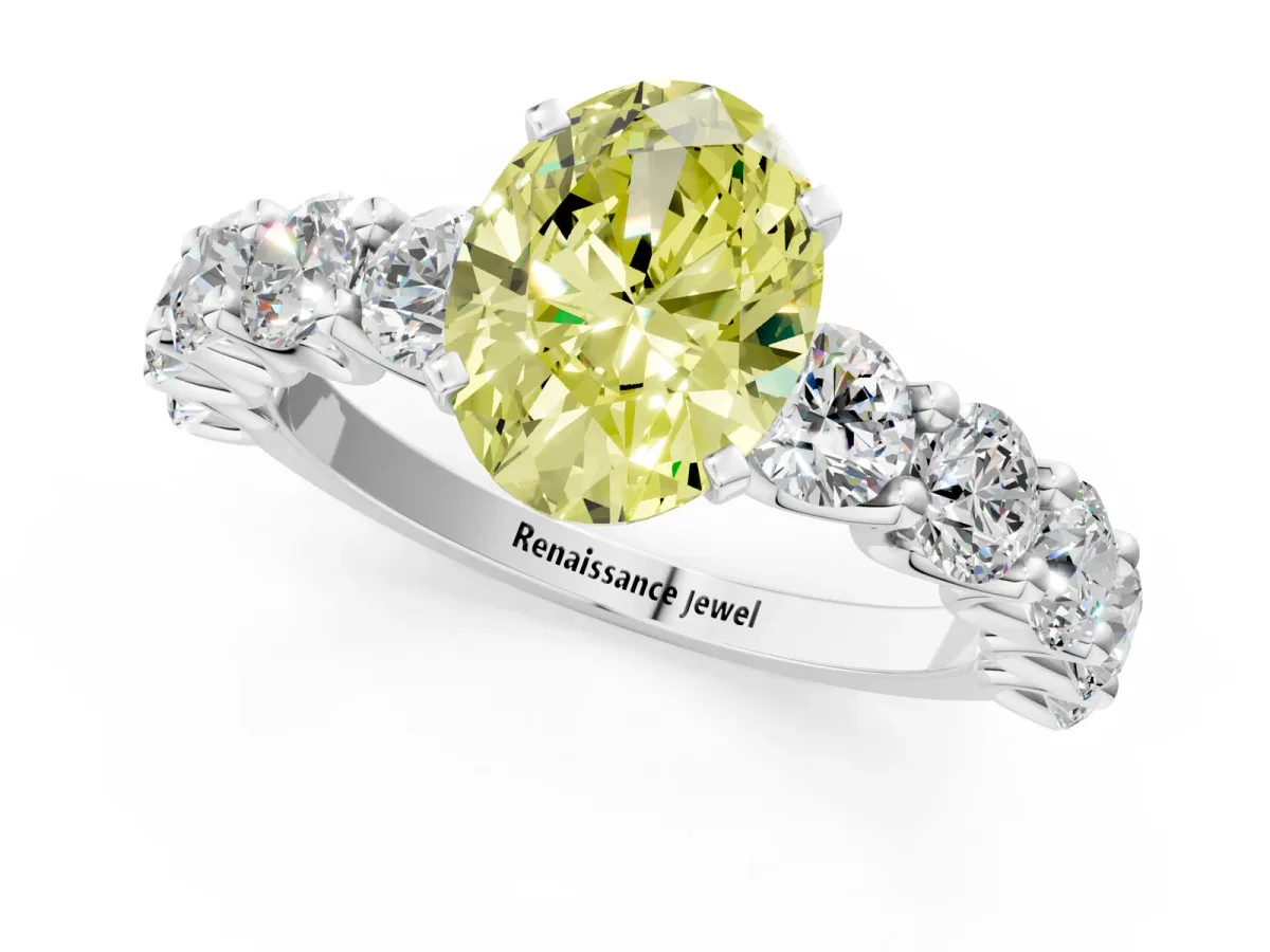 Fancy Yellow Oval Cut Diamond Prong Setting with Side Stones on a Pave Band Platinum