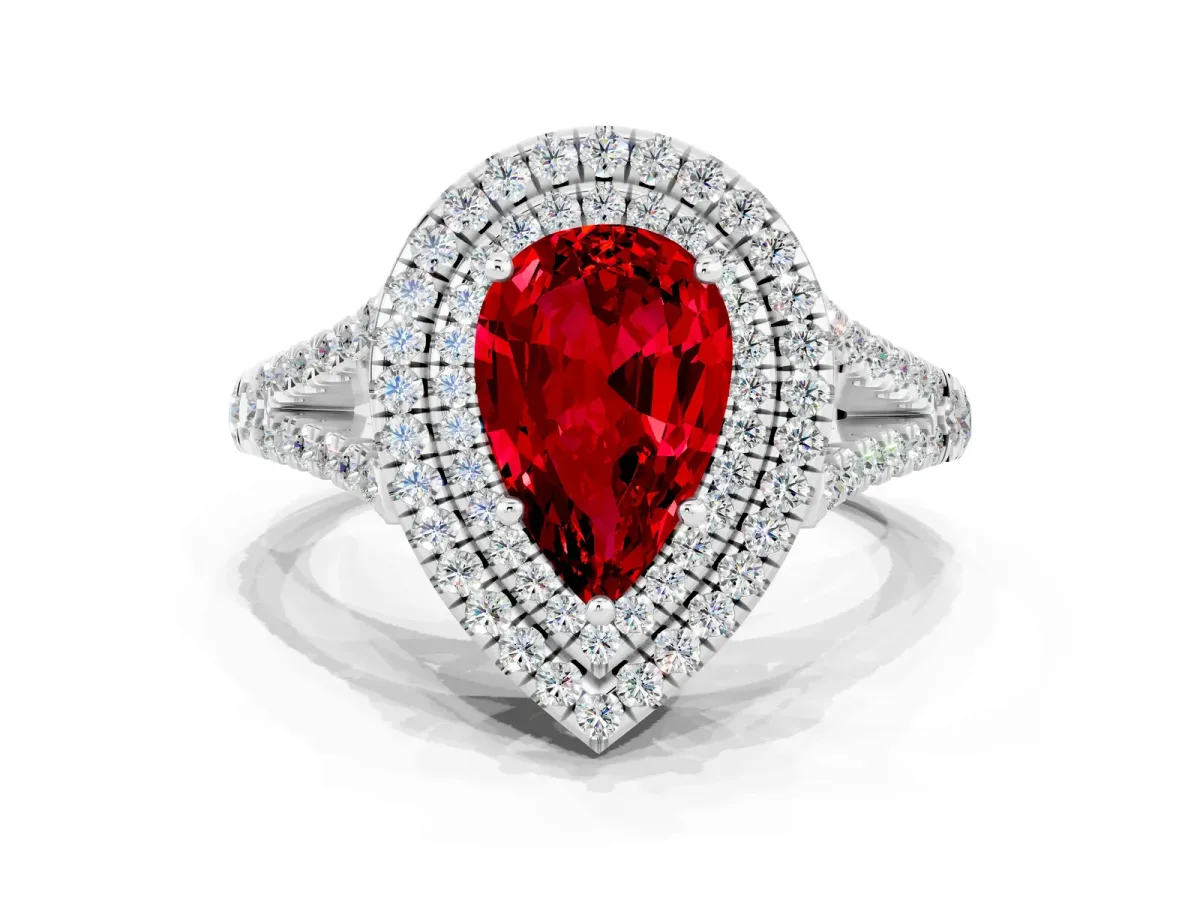 Pear Cut Ruby Double Halo Ring with Pavé Band and Prong Setting Silver