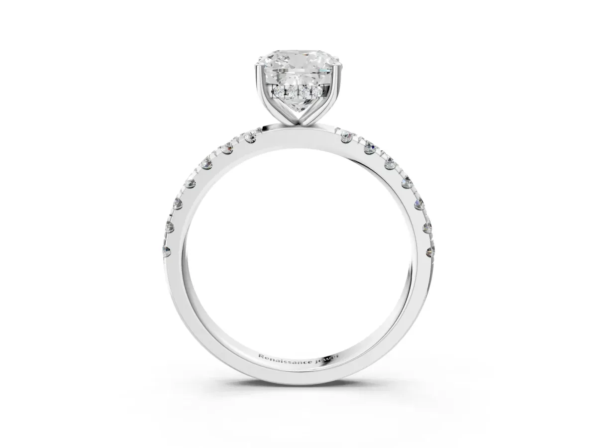 Cushion Cut Diamond Pave Band Solitaire Ring with Round and Prong Setting Platinum