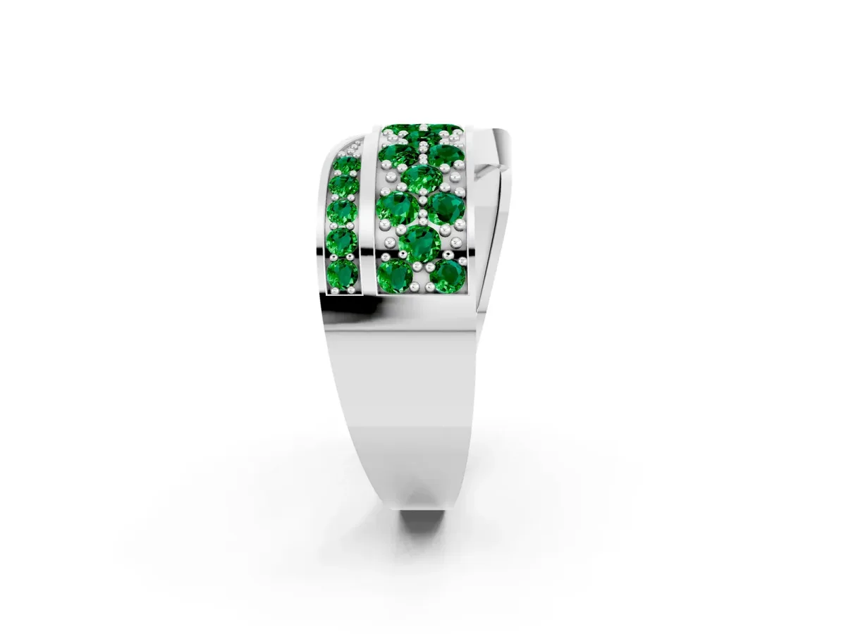 Pavé Round Emerald Crossover Band with Bead Prong Setting Silver
