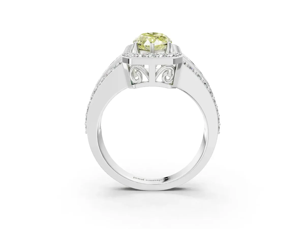 Fancy Yellow Marquise Cut Halo Diamond Ring with Round Split Shank and Prong Setting Platinum