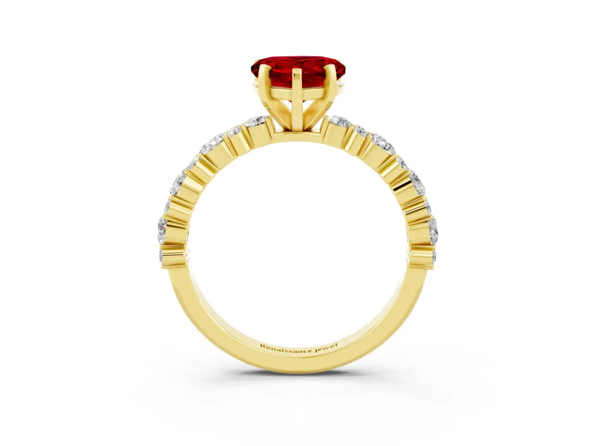 Heart Cut Ruby Side Stone Solitaire Ring with Round and Four-Prong Setting Yellow gold