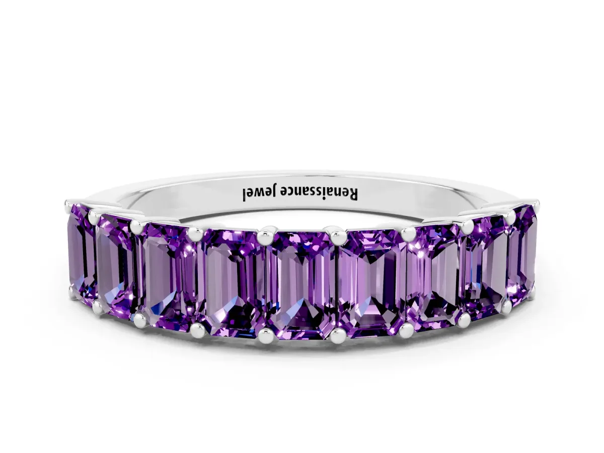 Emerald Cut Amethyst Prong-Set Eternity Band Platinum